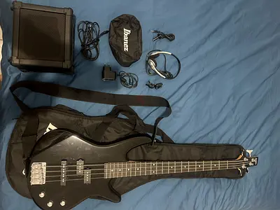 Ibanez electric bass guitar with amp, gig bag and accessories