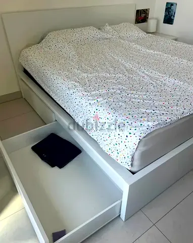 Ikea queen size bed with mattress and storage drawers