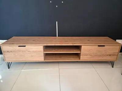 180 cm TV Unit / Media Console – Oak Effect, Soft-Open Flap Doors, Hairpin Legs