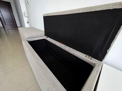 2 Light grey fabric storage sofa benches with lift-up compartment