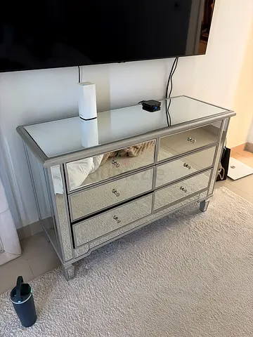 Mirrored 6-Drawer Dresser + Matching Side Tables - Silver Finish