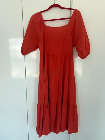 Rust-orange midi dress with puff sleeves, size M
