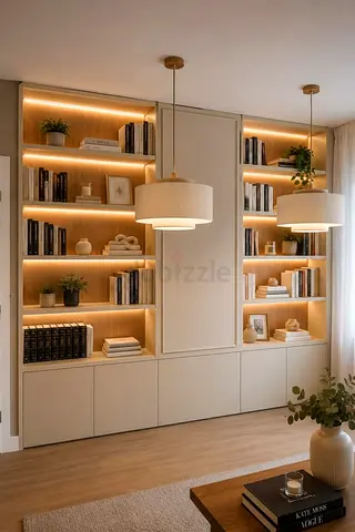 Built-in Beige Wall Bookcase with LED Lighting