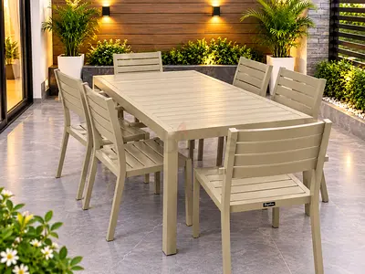 Outdoor 6-Seater Dining Table with Chairs — Beige Aluminium/