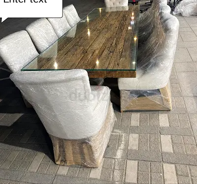 Rustic Reclaimed Wood Dining Table with Glass Top & 12 Chairs