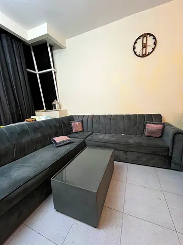 Large 6 seater L-shaped Grey Velvet Sectional Sofa with Table
