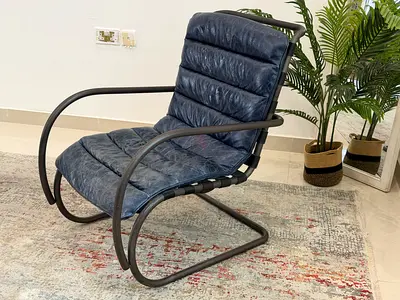 Blue Padded Cantilever Lounge Chair with Metal Frame