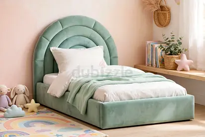 Upholstered Single Children's Bed with Arched Headboard - Mint Green