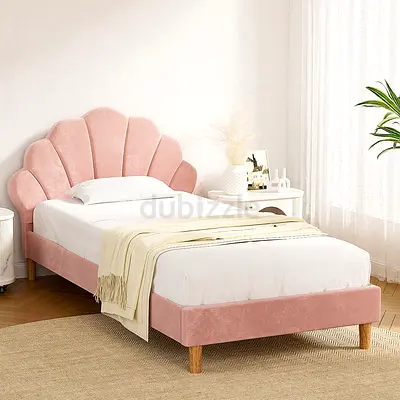 Kids Single Bed 90x200 – Pink Velvet, Shell Headboard, Custom Made