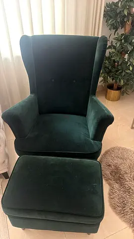 Ikea Strandmon wing chair with footstool dark green