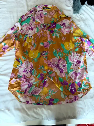 Lightweight floral blouse, mustard base with purple & green flowers - size unknown