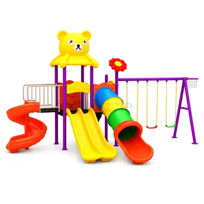Kids Bear Playground Commercial Activity Tower with Triple Swings, Basketball Hoop & Multi-Slides