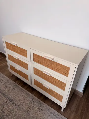 White wooden sideboard with rattan front panels, good condition - W: 120 x D: 40 x H: 80cm