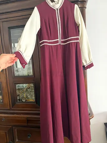 Maroon modest long dress with cream sleeves, size medium