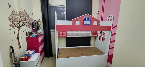 White and Pink Kids Bunk Bed Frame with Playhouse Design - Very Good Condition