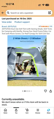 JOY TUTUS 6-Person SUV Tent with Awning and Rainfly - Used