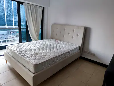 Upholstered Double Bed Frame with Mattress — Light Beige, Good Condition