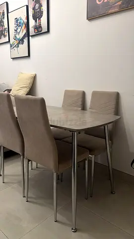 Compact dining table with 4 upholstered chairs - beige