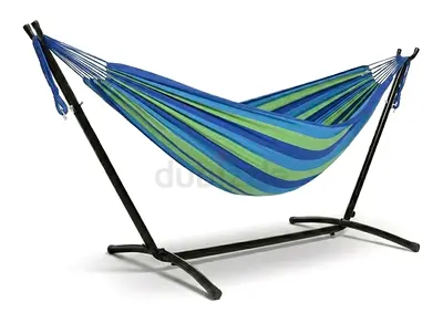 Double Cotton Hammock with Metal Stand — Colorful Striped, Ready to Use