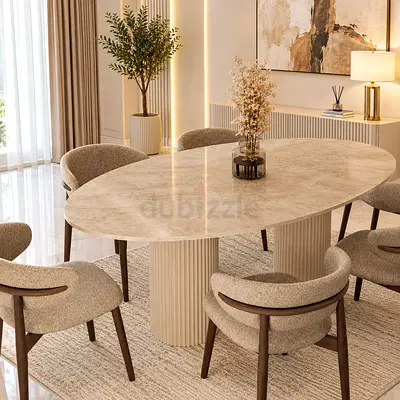 Custom made Oval Marble-Top Dining Table with 6 Upholstered Chairs - Light Beige travertine