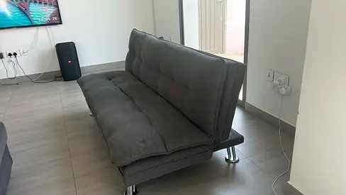Gray Convertible Futon/Sofa Bed - Compact 2-Seater, Good Condition