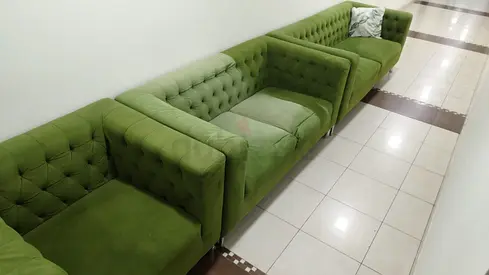 Green Velvet 3-Seat Modular Chesterfield Sofa Set - Good Condition