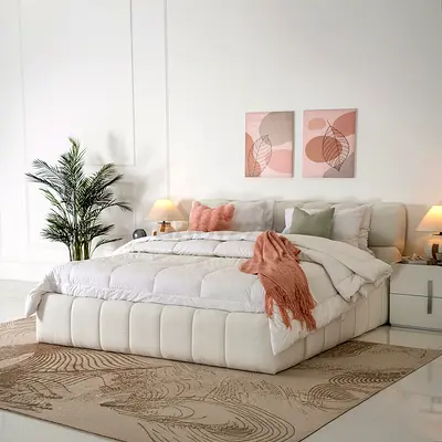 Sleek line beige boucle thick super king bed