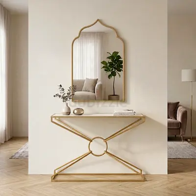 Gold Metal Console set (marble table top with beaded metal Mirror