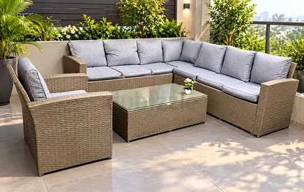8-piece Outdoor Rattan Corner Sofa Set with Cushions and Glass Coffee Table