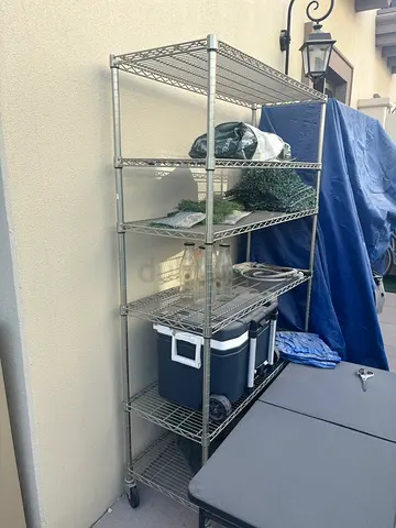 Heavy-duty chrome wire shelving unit, 5-tier metal rack, good condition
