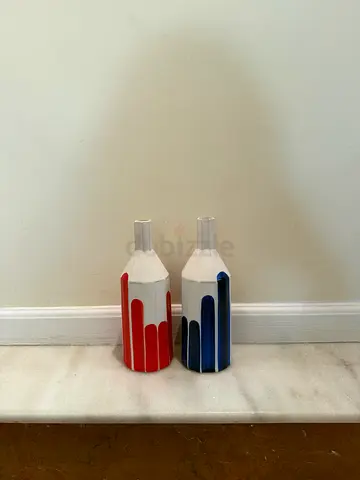 Pair of modern red & blue decorative vases/bottles