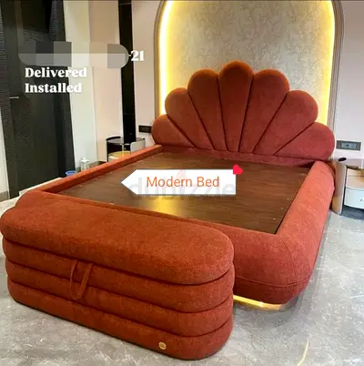 Modern upholstered king size bed with shell headboard