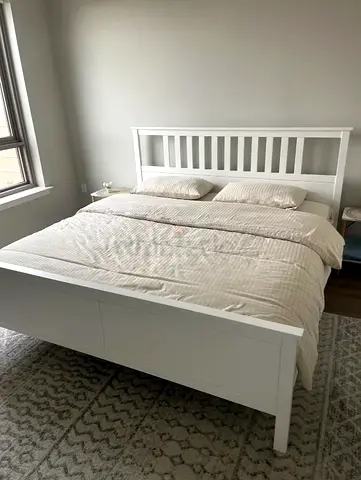 White wooden double bed frame with slatted headboard and very nice mattress - good condition