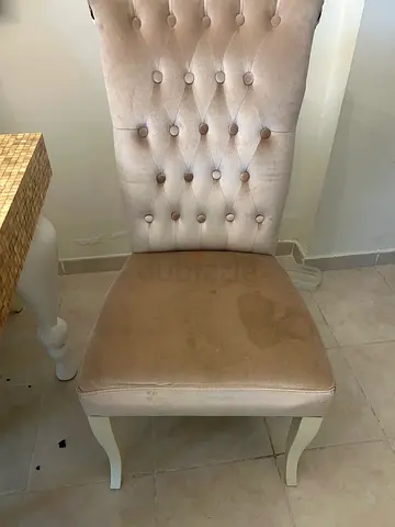 Beige tufted dining chair set with white legs - 6 pieces