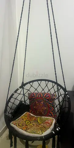 Black Hanging Rope Chair with Cushions - Comfortable Indoor Swing