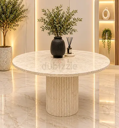 Round Marble Dining Table with Fluted Pedestal Base