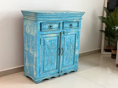 Hand-painted Vintage Blue Wooden Cabinet with Carved Doors