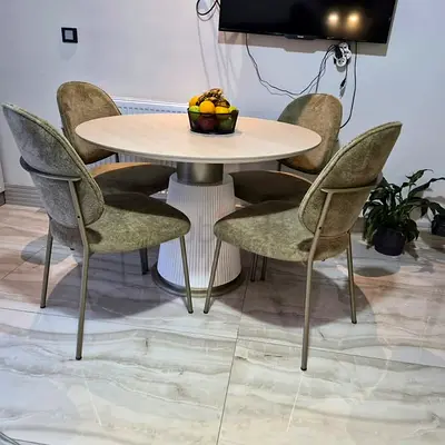 Round dining table with 4 upholstered chairs - modern set