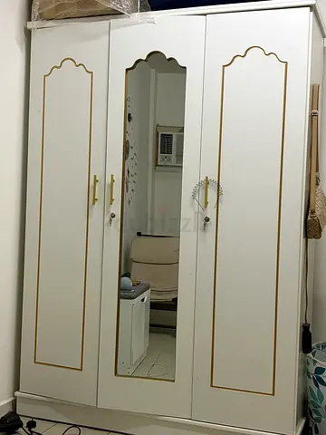 White 3-Door Wardrobe with Mirror and Gold Trim - Good Condition