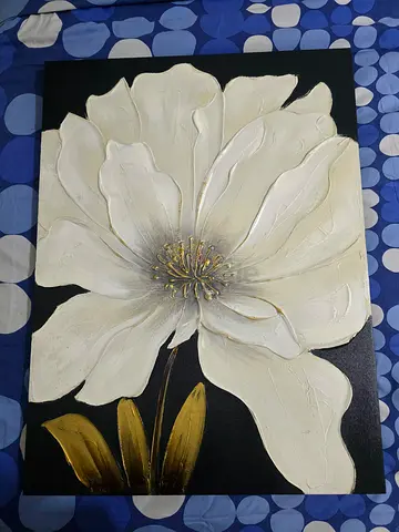 Large textured white flower canvas painting on black background