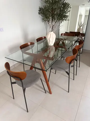 Glass top dining table with 6 mid-century modern chairs -  used