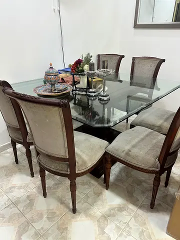 Solid Wood Dining Table Glass Top with 6 Upholstered Wooden Chairs - Good Condition