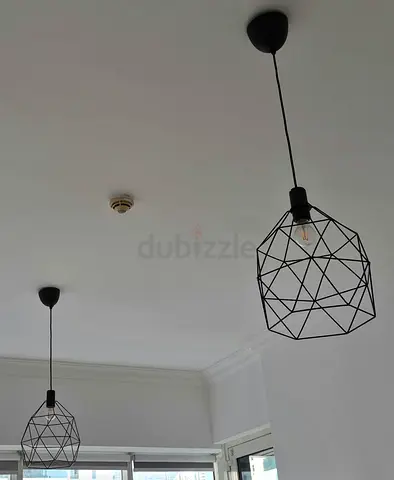 Pair of modern geometric pendant ceiling lights — black wire cage