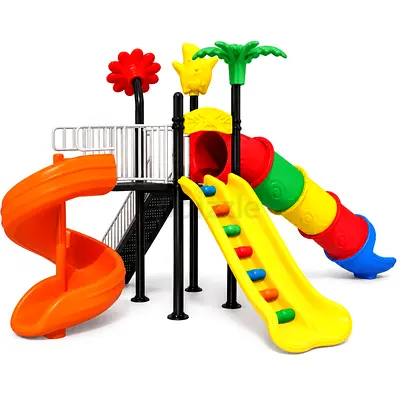 Kids Outdoor Playground with Spiral Slide, Colourful Tube Slide, Climbing Slide & Activity Tower
