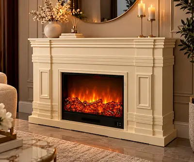 Luxury Cream Electric Fireplace with Classic Mantel