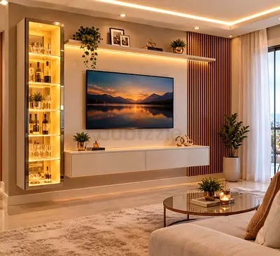 Modern wall-mounted entertainment center with illuminated display cabinet